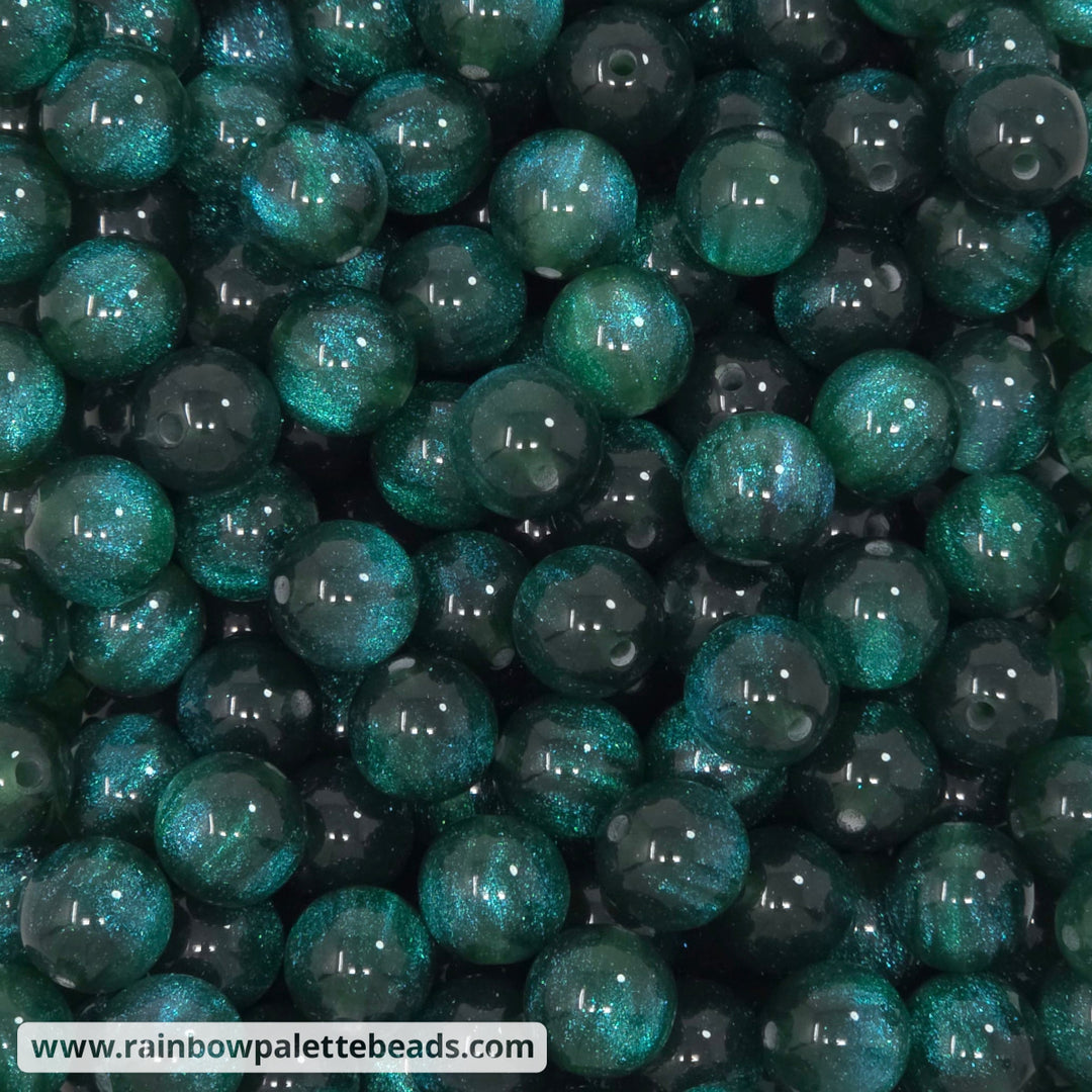 12mm Deep Jungle Green Glitter Shimmer Acrylic Bead Mix (10 beads) - Beads