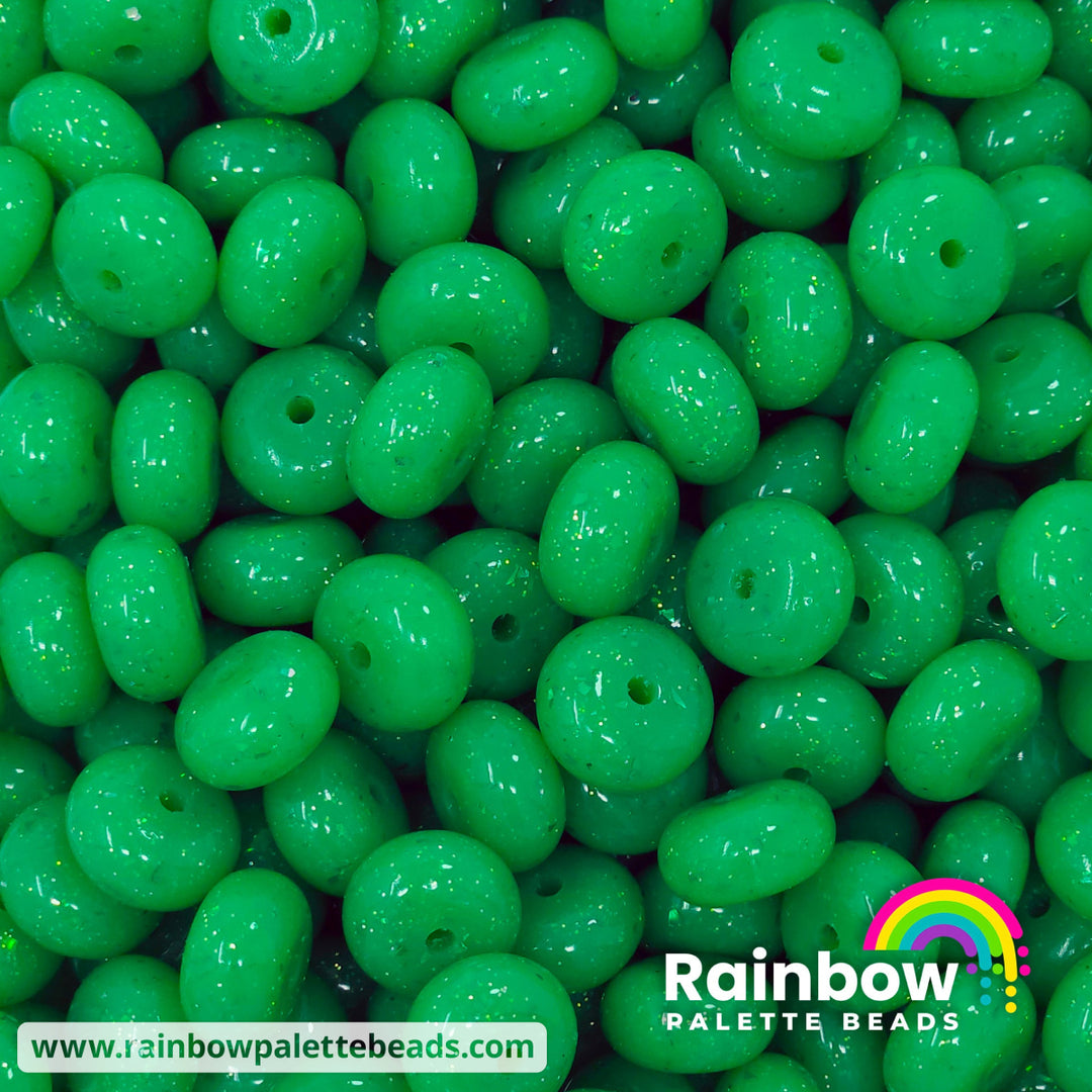 14mm Glossy Christmas Kelly Green Glitter & Foil Confetti Jelly Silicone Abacus Beads (5 beads) Beads