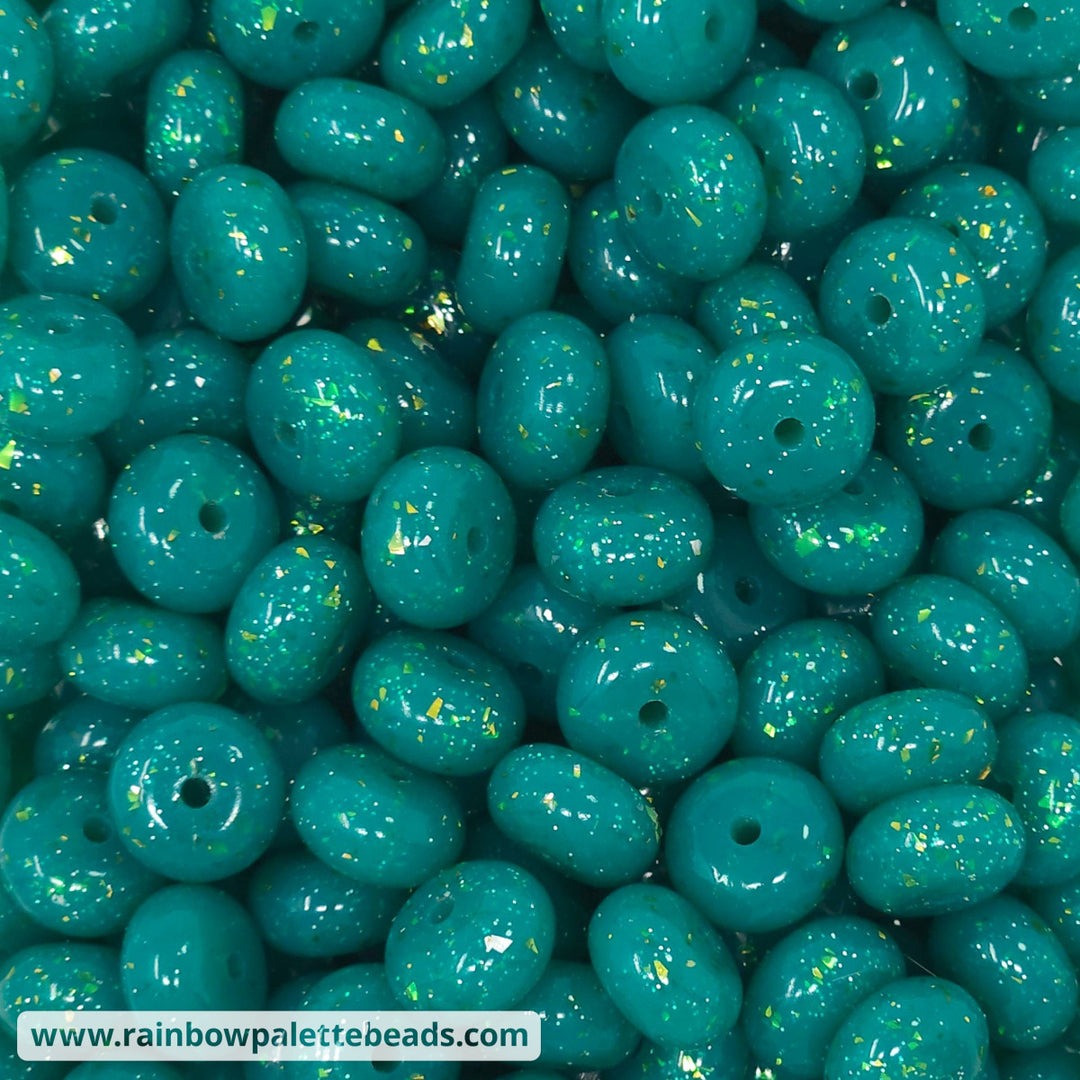 14mm Glossy Deluxe Emerald Teal Glitter Confetti Jelly Silicone Abacus Beads (5 beads) Beads