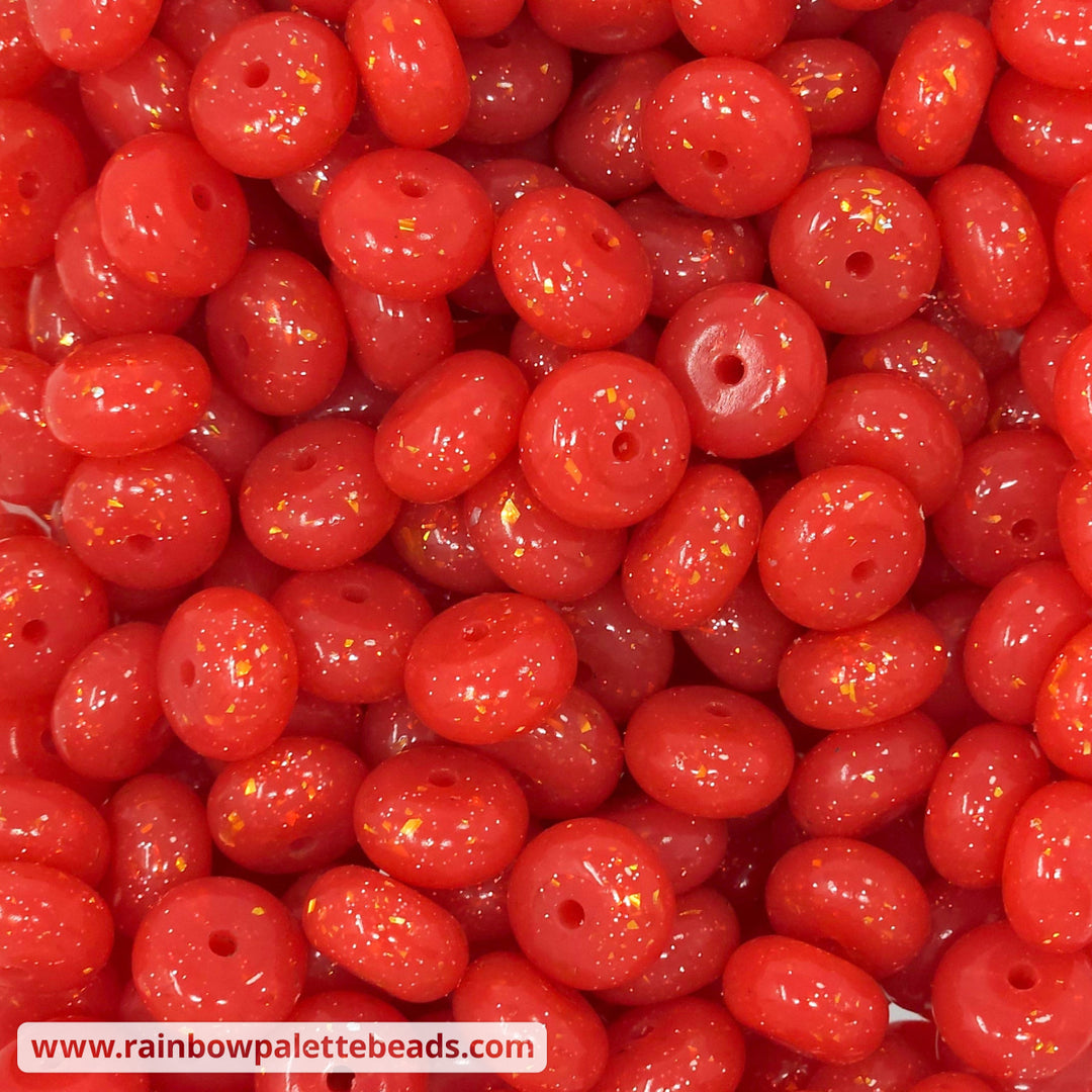 14mm Glossy Deluxe Red Fire Glitter Confetti Jelly Silicone Abacus Beads (5 beads) Beads