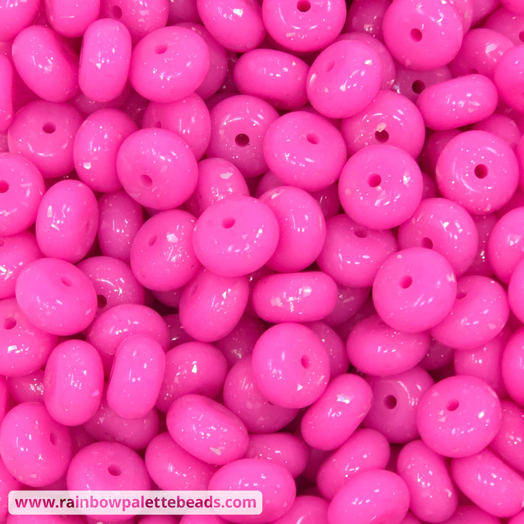 14mm Glossy Opaque Barbie Pink Glitter & Foil Confetti Jelly Silicone Abacus Beads (5 beads) - Beads