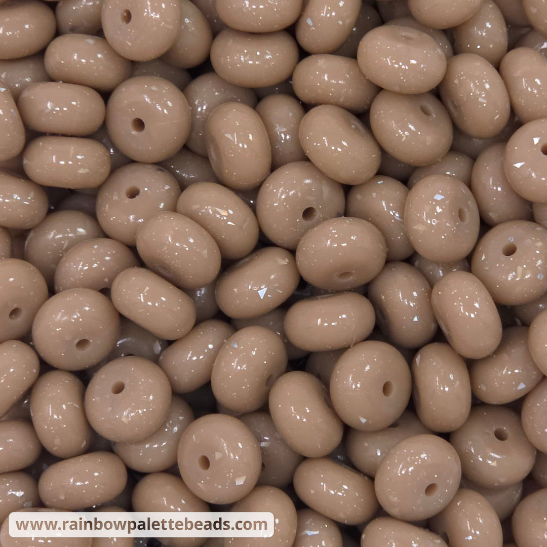 14mm Glossy Opaque Latte Brown Glitter & Foil Confetti Jelly Silicone Abacus Beads (5 beads) - Beads
