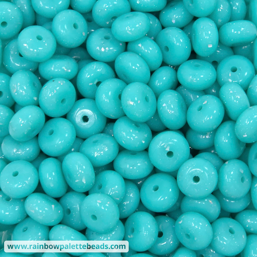 14mm Glossy Opaque Turquoise Glitter & Foil Confetti Jelly Silicone Abacus Beads (5 beads) - Beads