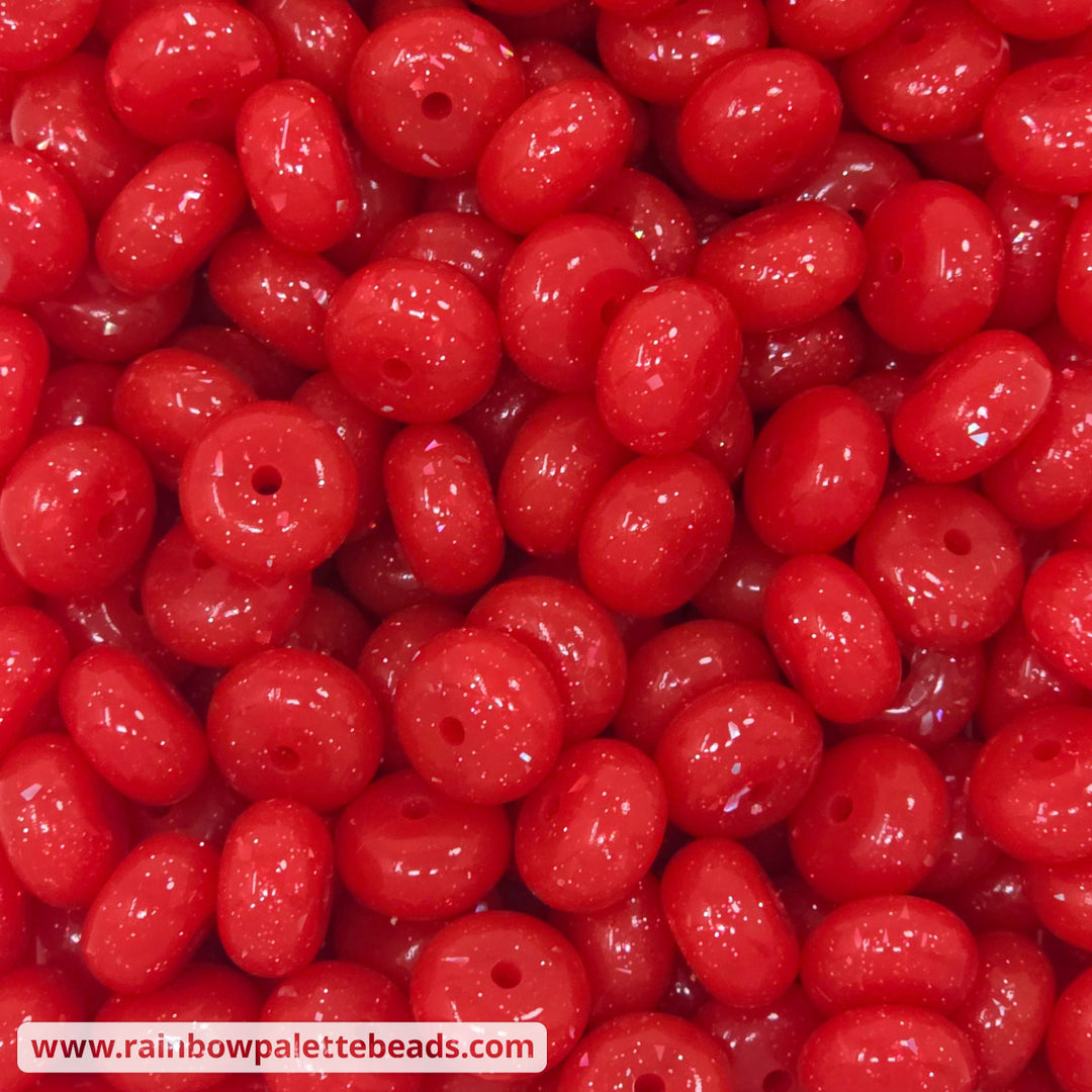 14mm Glossy Red Glitter & Foil (Silver Foil) Confetti Jelly Silicone Abacus Beads (5 beads) - Beads