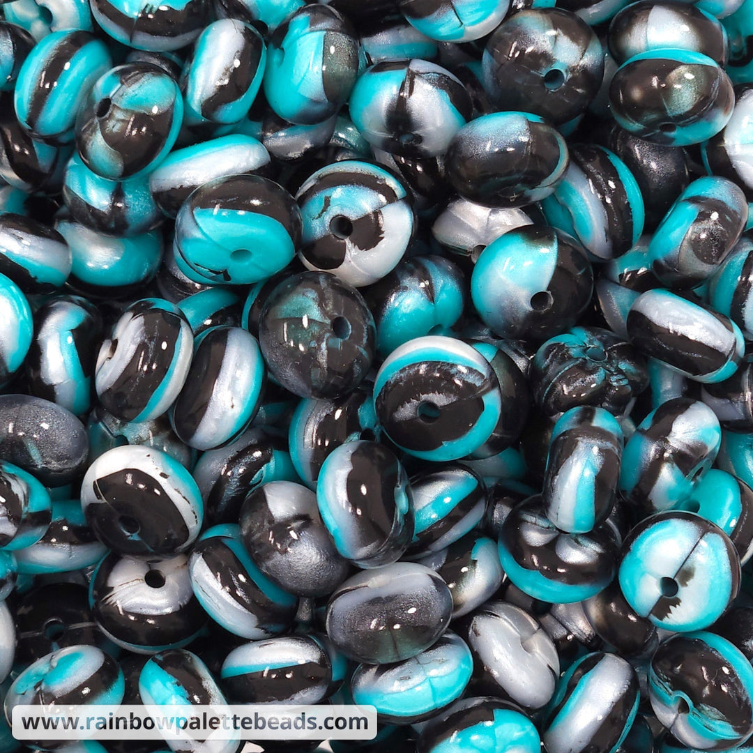 14mm Glossy Turquoise & Black Swirl Silicone Abacus Beads (5 beads) Beads