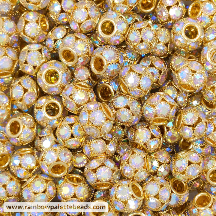 14mm Gold Iridescent Inlaid Rhinestone Metal Spacer Beads