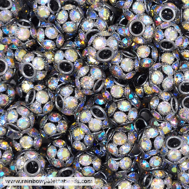 14mm Gunmetal Gray Iridescent Inlaid Rhinestone Metal Spacer Beads