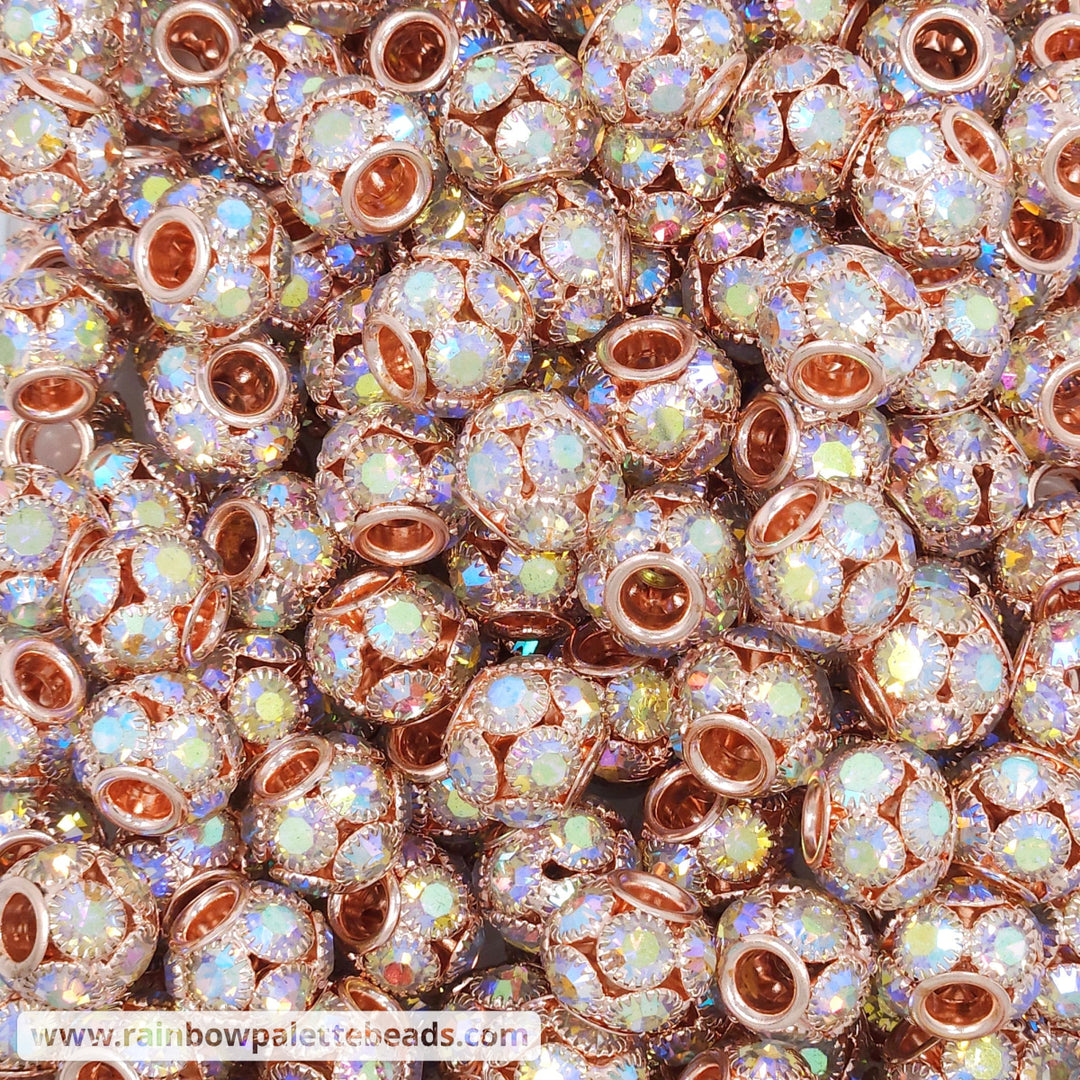 14mm Rose Gold Iridescent Inlaid Rhinestone Metal Spacer Beads