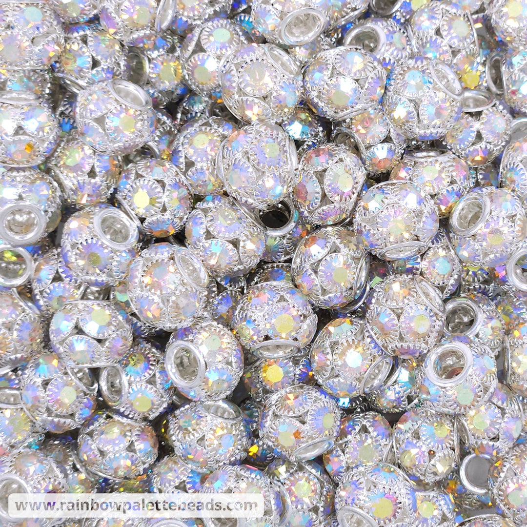 14mm Silver Iridescent Inlaid Rhinestone Metal Spacer Beads