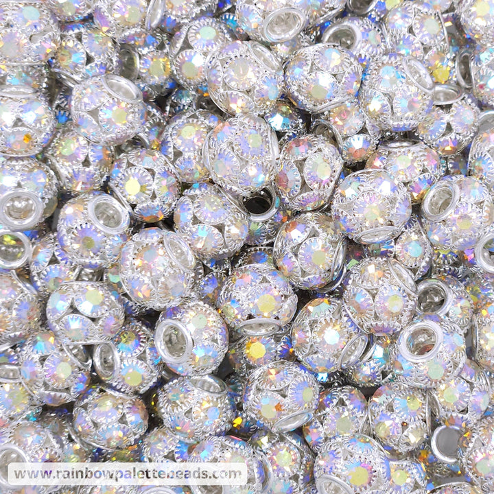 14mm Silver Iridescent Inlaid Rhinestone Metal Spacer Beads
