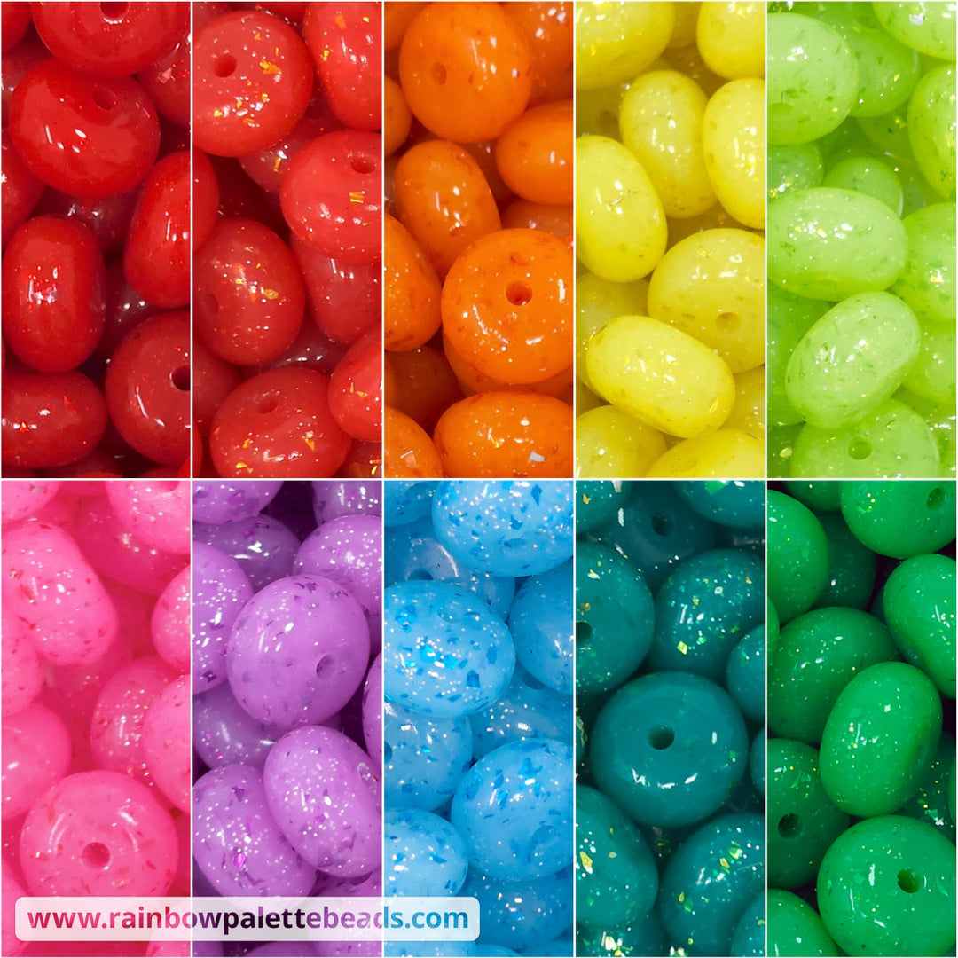 14mm Ultimate Rainbow Glossy Glitter & Foil Confetti Jelly Abacus Spacer Silicone Bead Mix (50 beads) - Beads