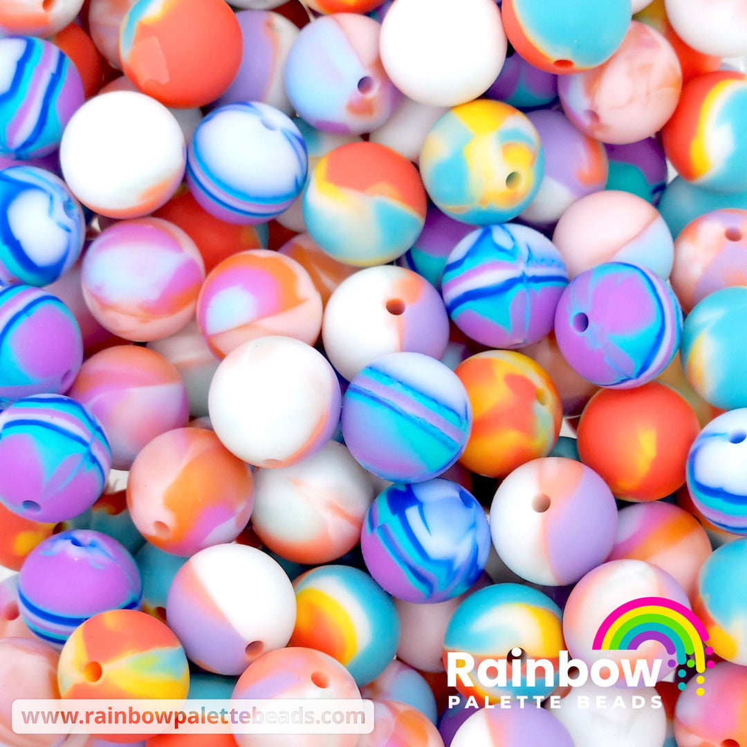 15mm Assorted Color Tie-Dye Silicone Round Bead Mix (10 beads) Beads