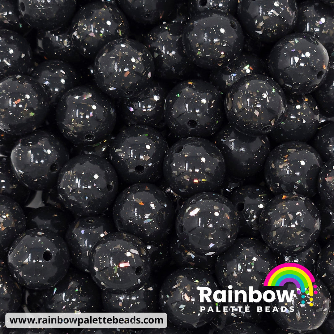 15mm Glossy Black Glitter & Foil Confetti Jelly Silicone Bead - Beads