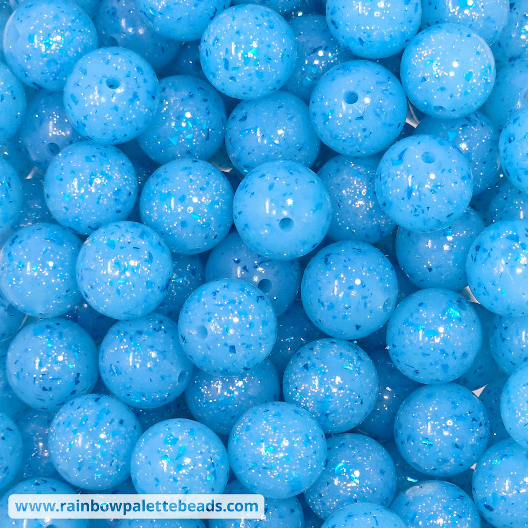 15mm Glossy Blue Glitter & Foil Confetti Jelly Silicone Bead Beads