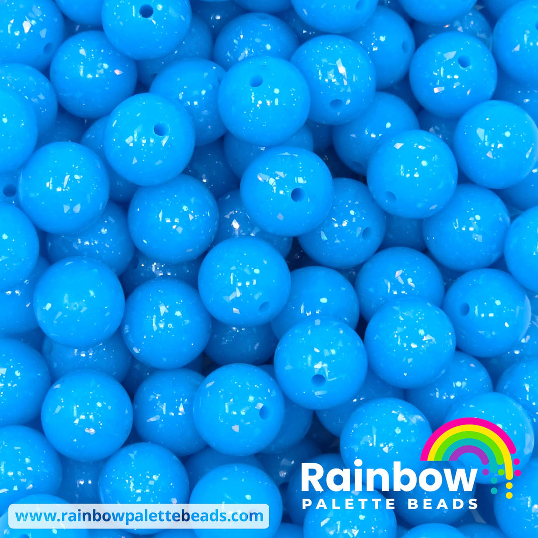 15mm Glossy Bright Sky Blue Glitter & Foil Confetti Jelly Silicone Bead - Beads