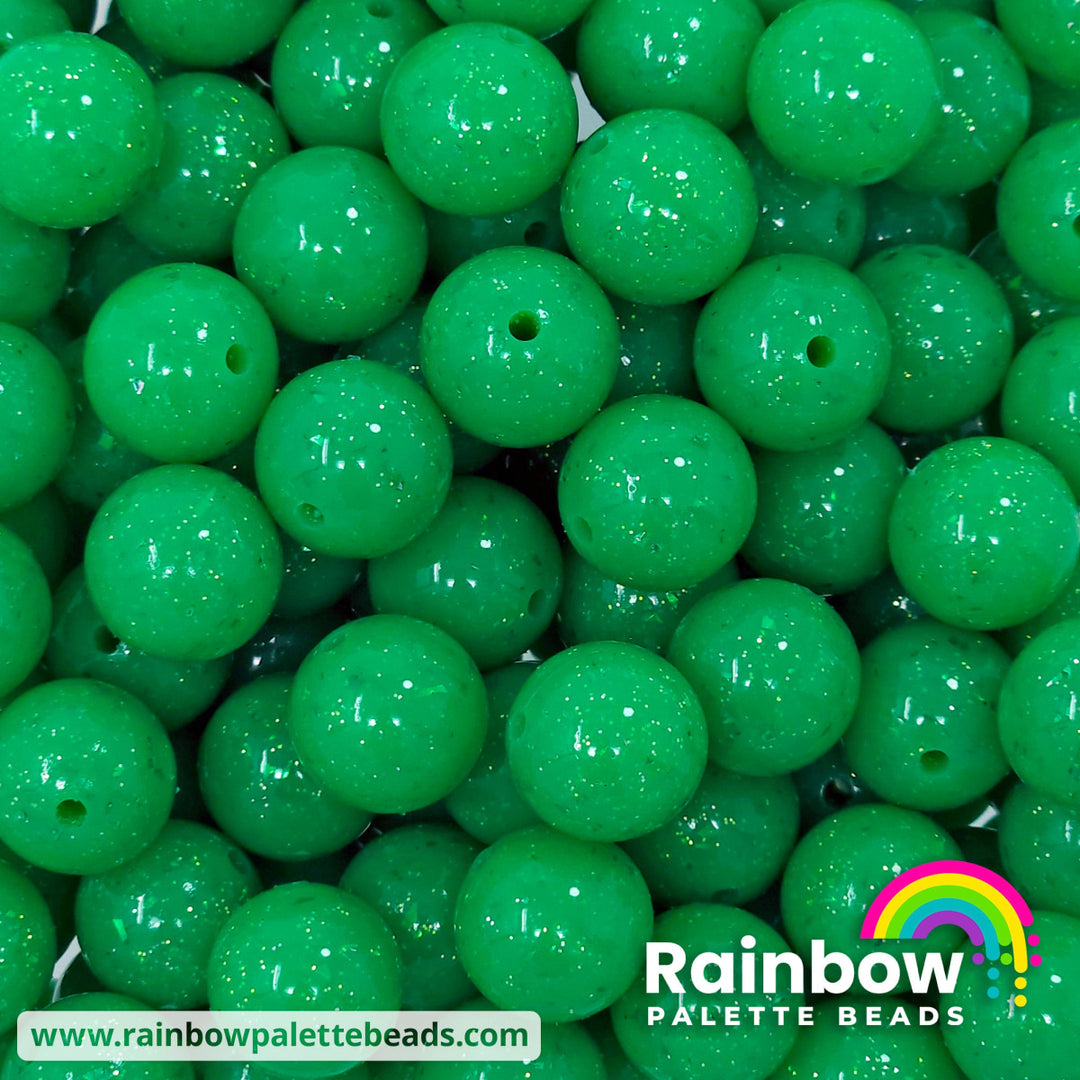 15mm Glossy Christmas Kelly Green Glitter & Foil Confetti Jelly Silicone Bead Beads