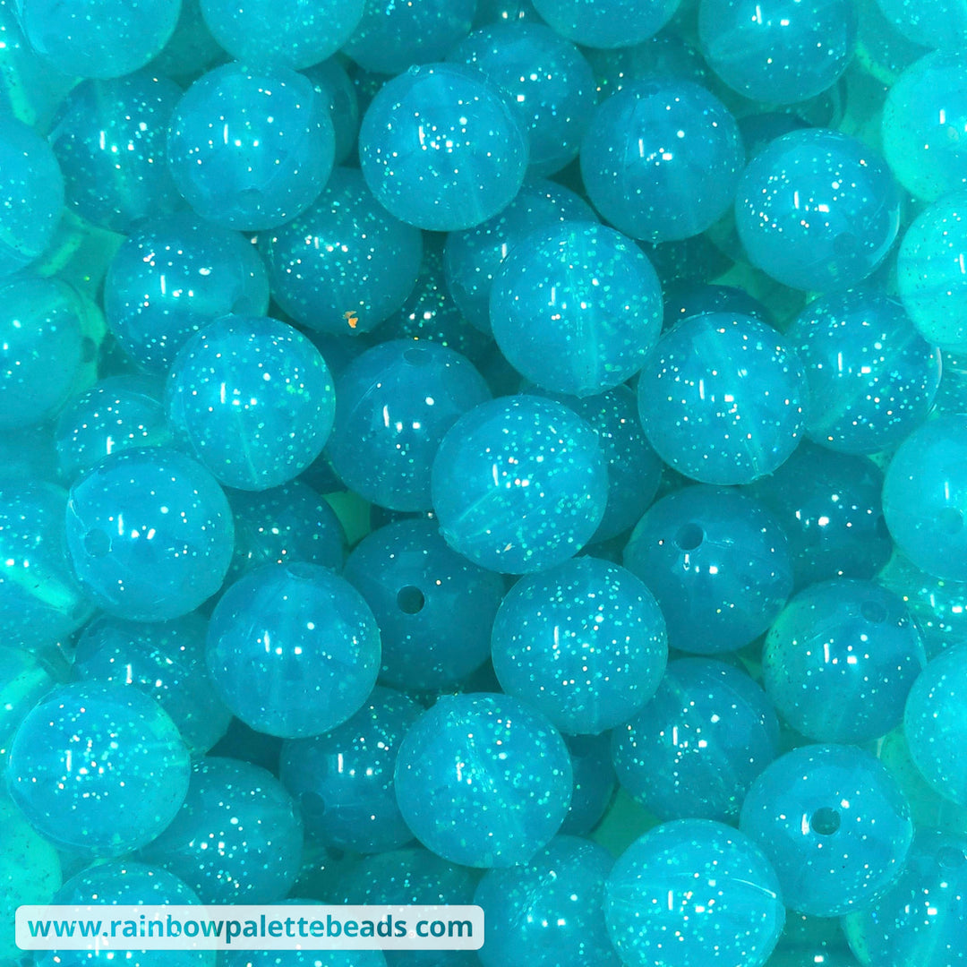 15mm Glossy Cyan Iridescent Glitter Jelly Silicone Bead Beads