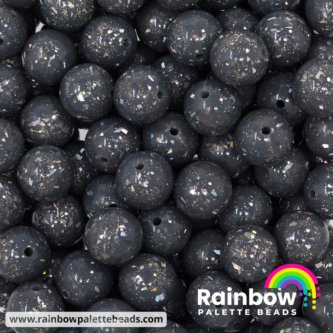 15mm Glossy Dark Gray Glitter & Foil Confetti Jelly Silicone Bead - Beads