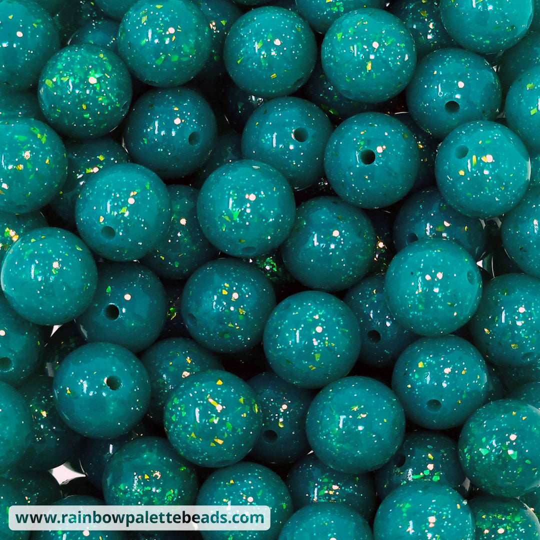 15mm Glossy Deluxe Emerald Teal Glitter Confetti Jelly Silicone Bead Beads