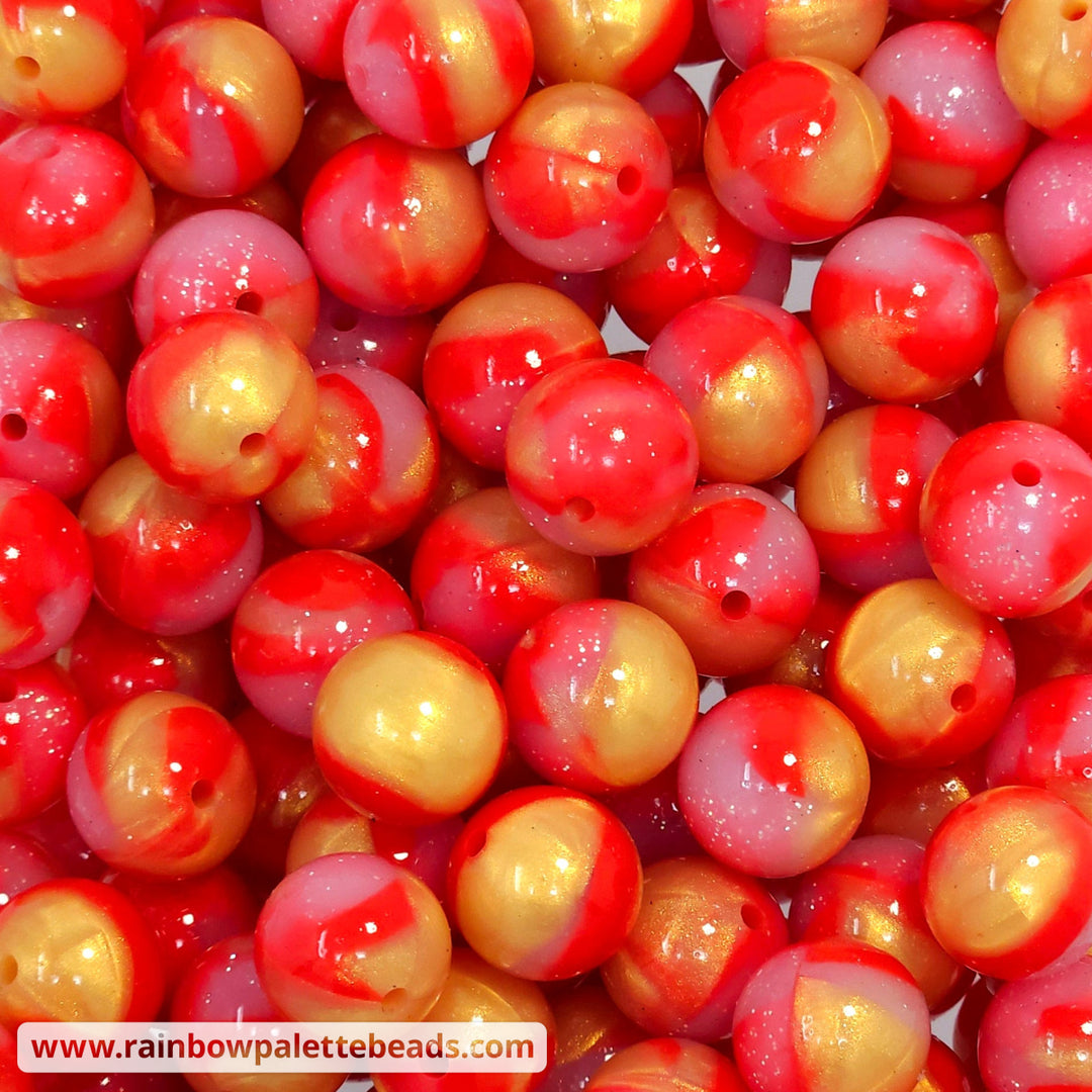 15mm Glossy Fire Red/Gold Glitter Jelly Silicone Bead Beads