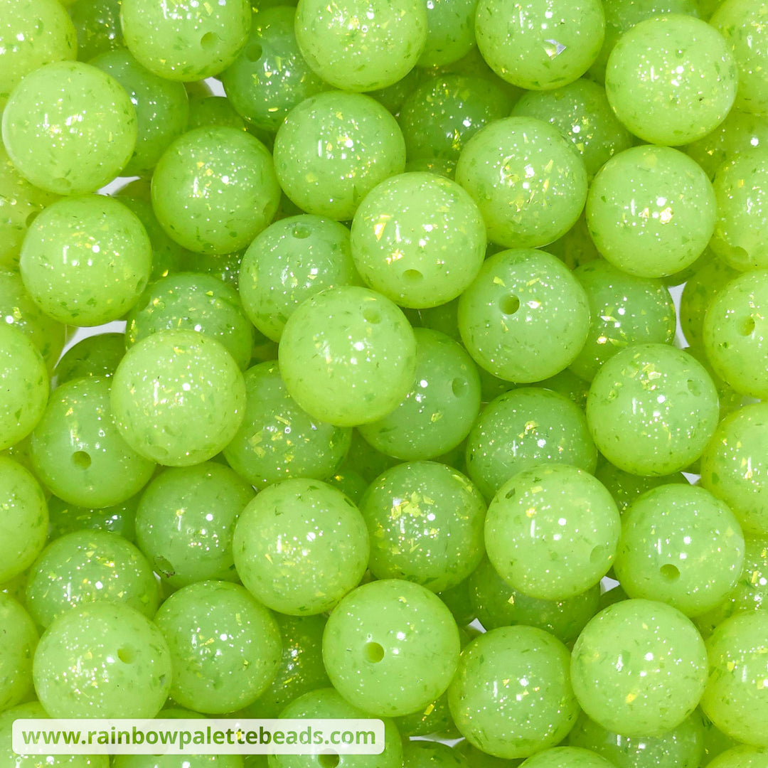 15mm Glossy Green Apple Glitter & Foil Confetti Jelly Silicone Bead Beads