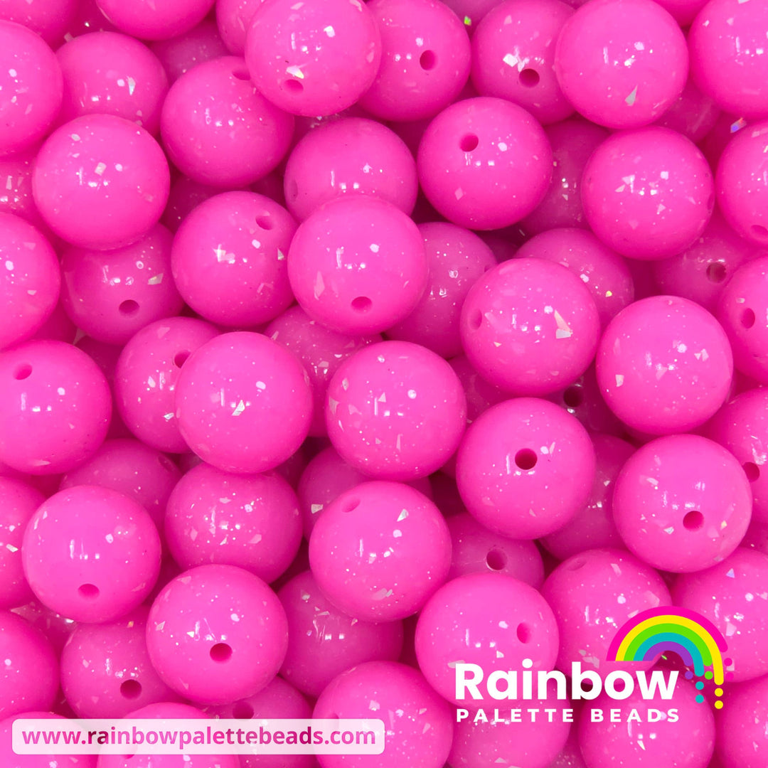 15mm Glossy Opaque Barbie Pink Glitter & Foil Confetti Jelly Silicone Bead - Beads