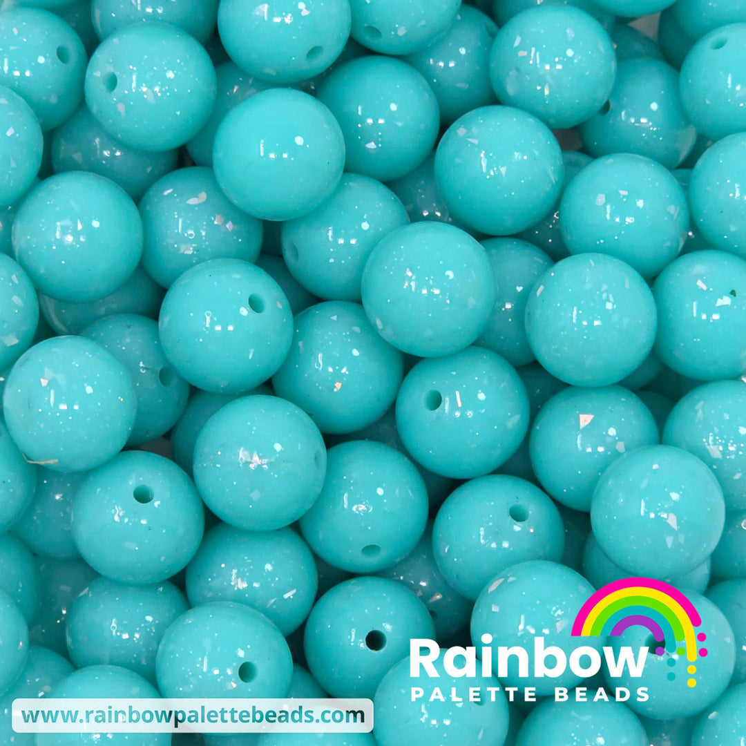 15mm Glossy Opaque Turquoise Glitter & Foil Confetti Jelly Silicone Bead - Beads