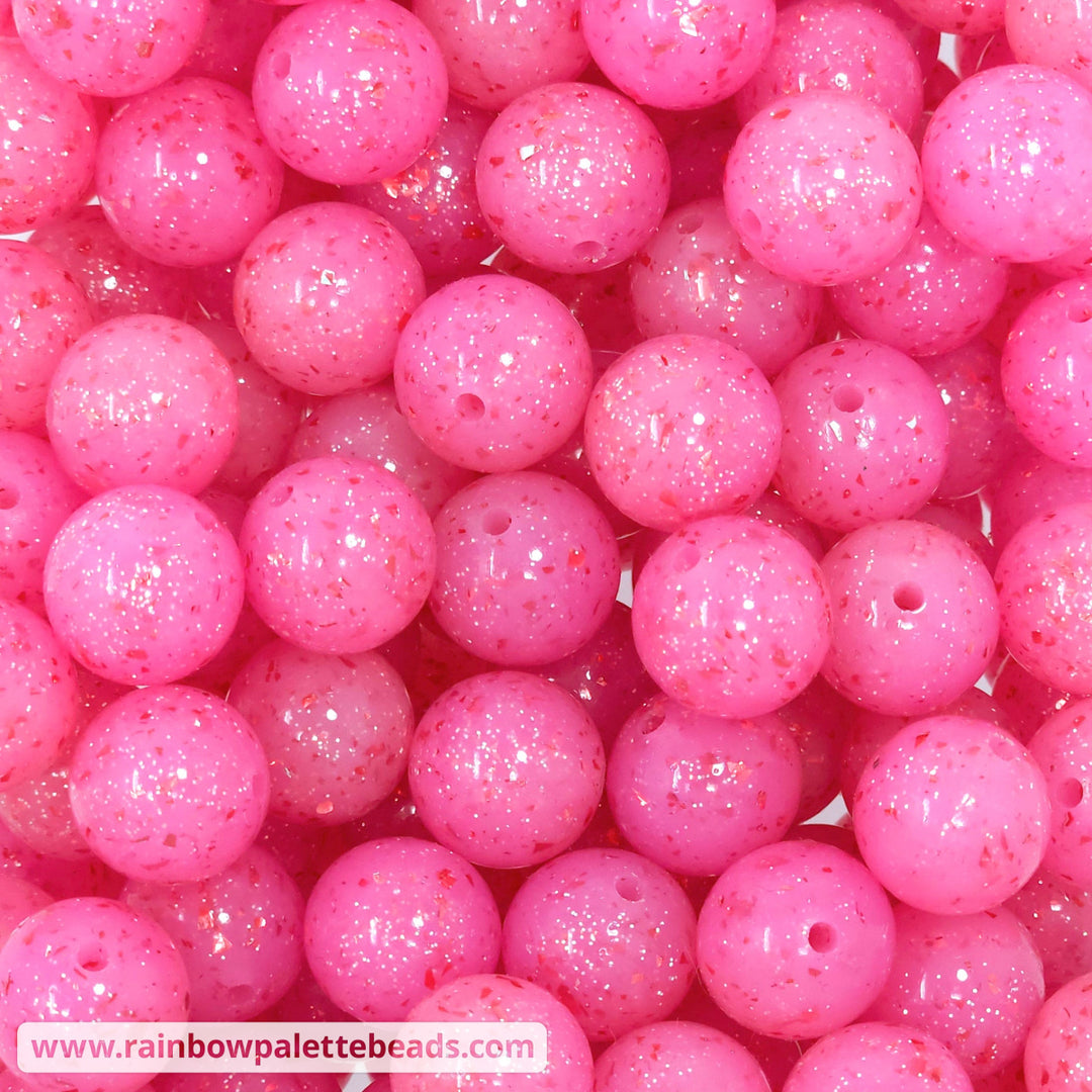 15mm Glossy Pink Glitter & Foil Confetti Jelly Silicone Bead Beads