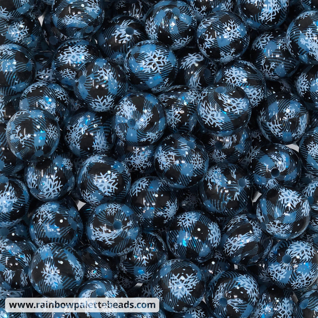 15mm Glossy Snowflake Print Blue Glitter Silicone Beads Beads