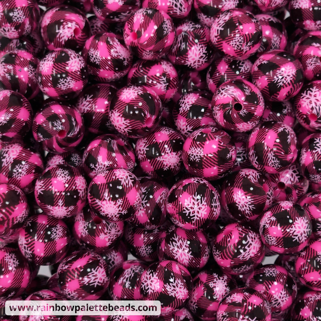 15mm Glossy Snowflake Print Pink Silicone Beads Beads