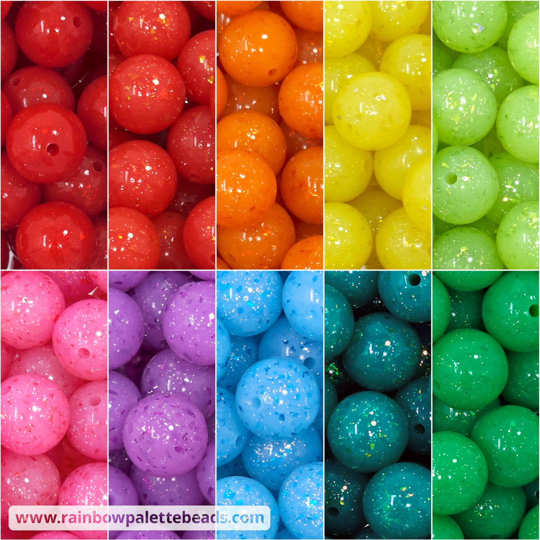 15mm Ultimate Rainbow Glitter & Foil Confetti Jelly Silicone Bead Mix (50 beads) - Beads