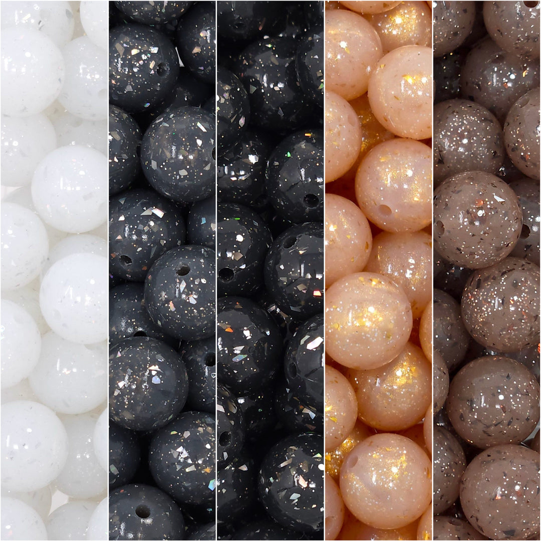 15mm Neutrals Glitter & Foil Confetti Jelly Silicone Bead Mix (30 beads)
