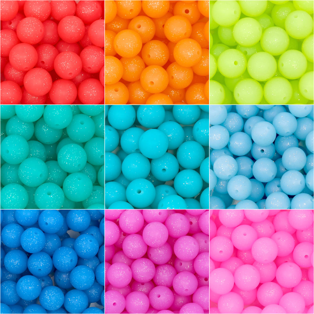 15mm Assorted Rainbow Glitter Silicone Bead Mix (20 beads)