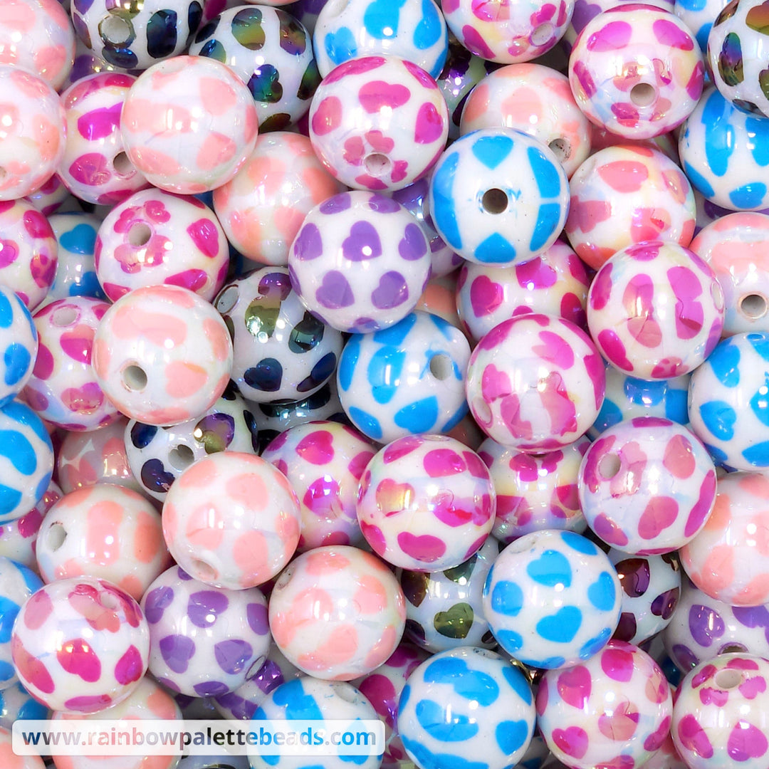 16mm AB Assorted Color Heart Print Acrylic Bead Mix (10 beads) Beads