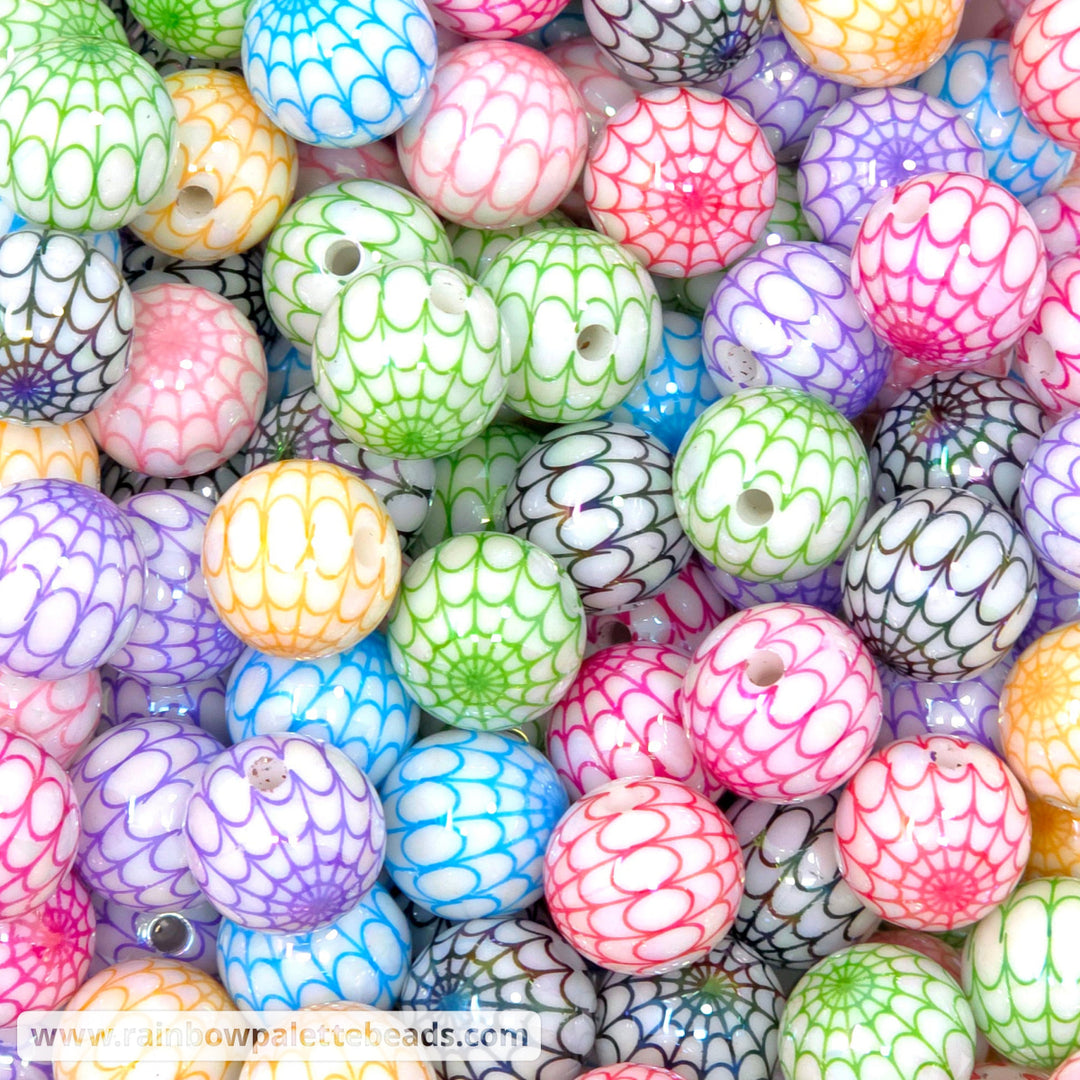 16mm AB Assorted Color/White Spider Web Print Acrylic Bead Mix (10 beads) - Beads