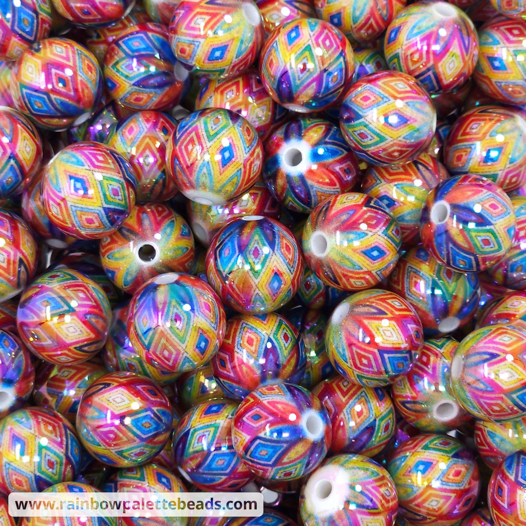 16mm AB Rainbow Diamond Print Acrylic Beads Beads