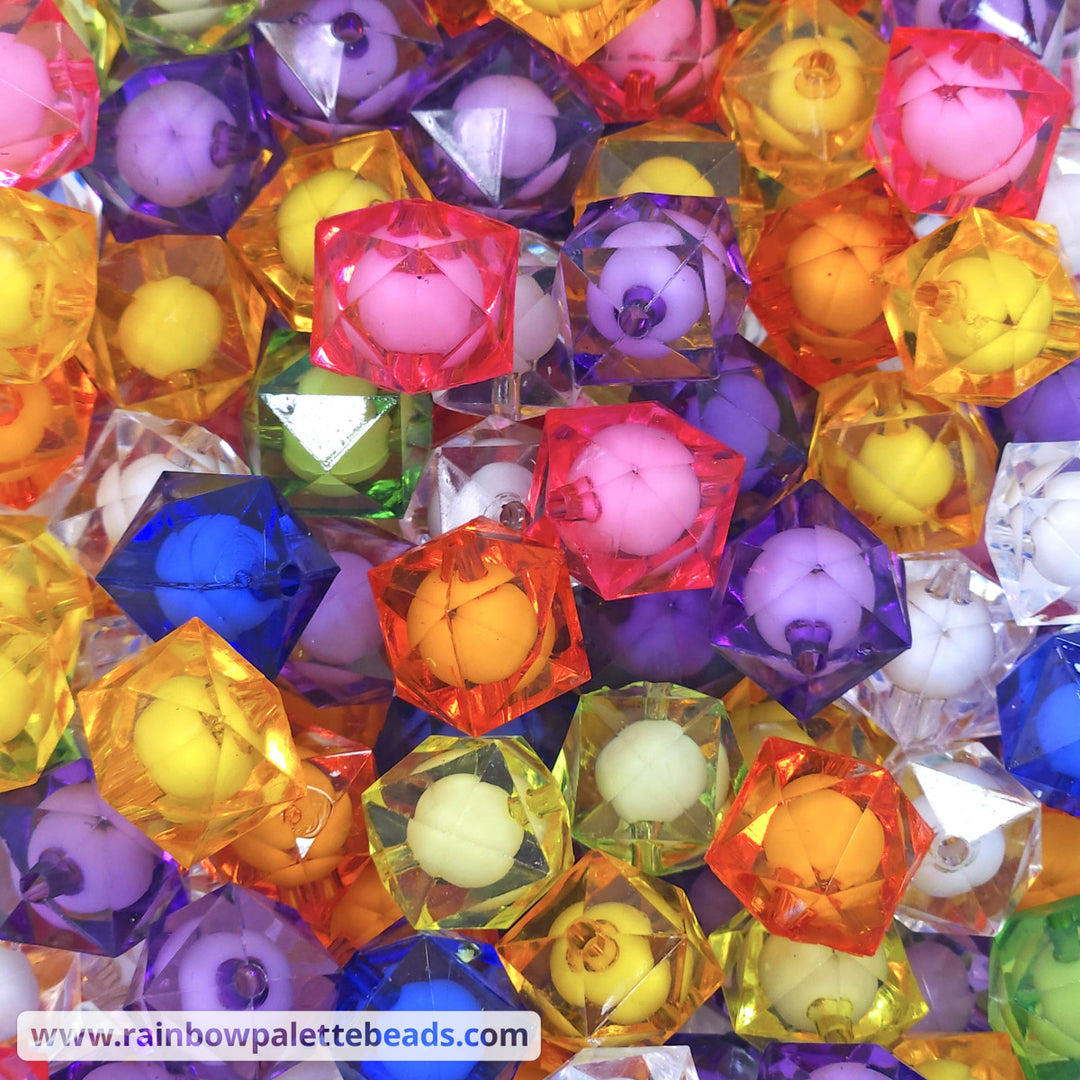 16mm Assorted Color Transparent Bead-in-Bead Hexagonal Acrylic Bead Mix (10 beads) Beads