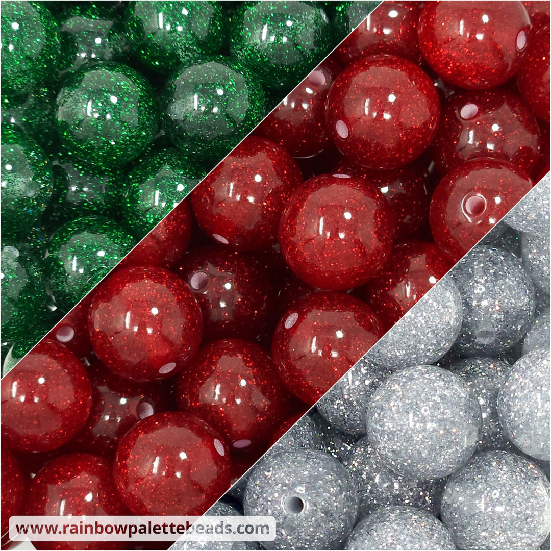 16mm Christmas (red/silver/green) Glitter Acrylic Bead Mix (30 beads) Beads