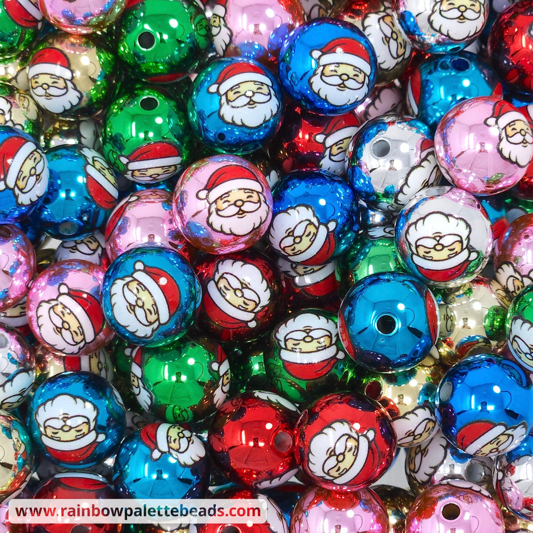 16mm UV Assorted Color Mirror Santa Print Christmas Bead Mix (10 beads) Beads