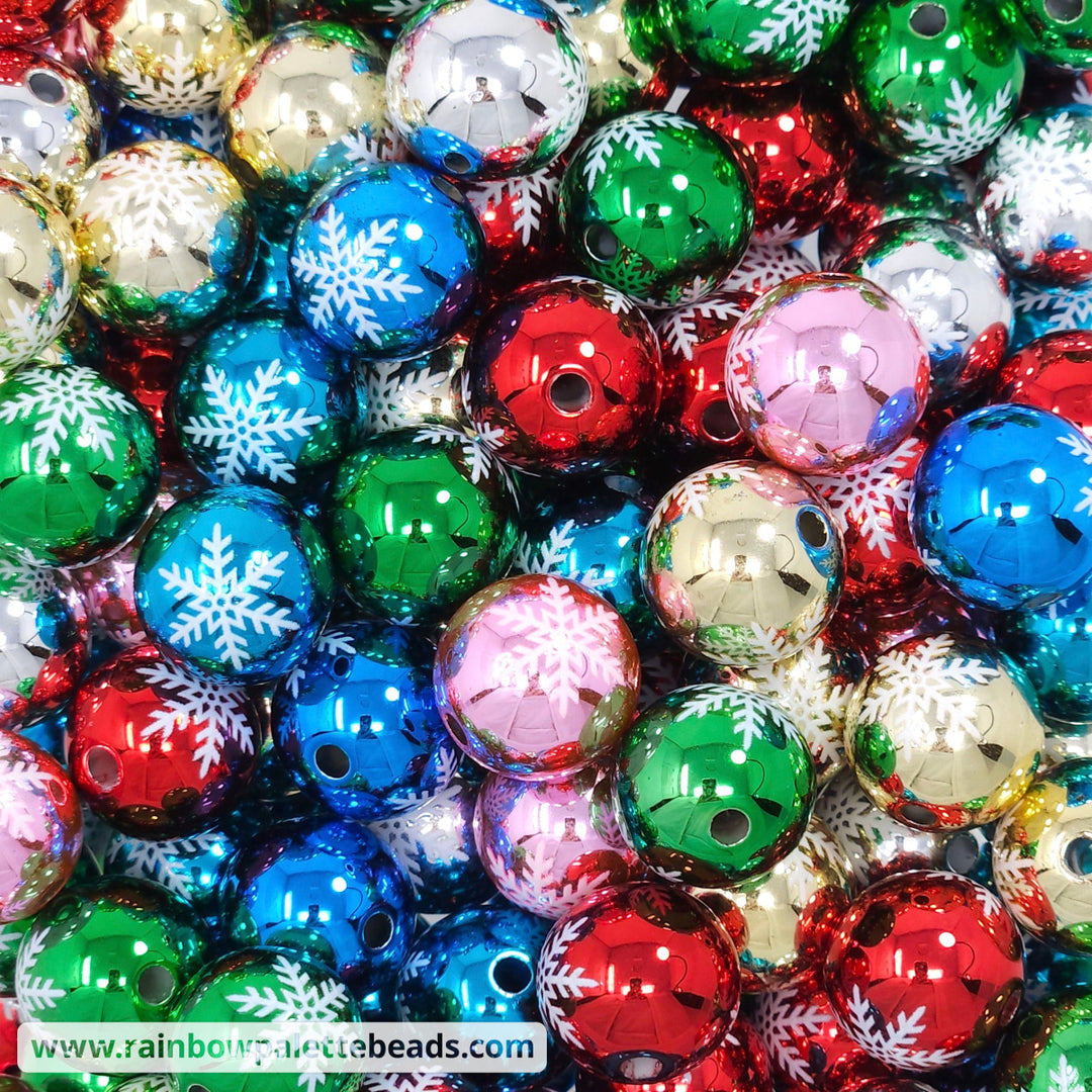 16mm UV Assorted Color Mirror Snowflake Print Christmas Bead Mix (10 beads) Beads