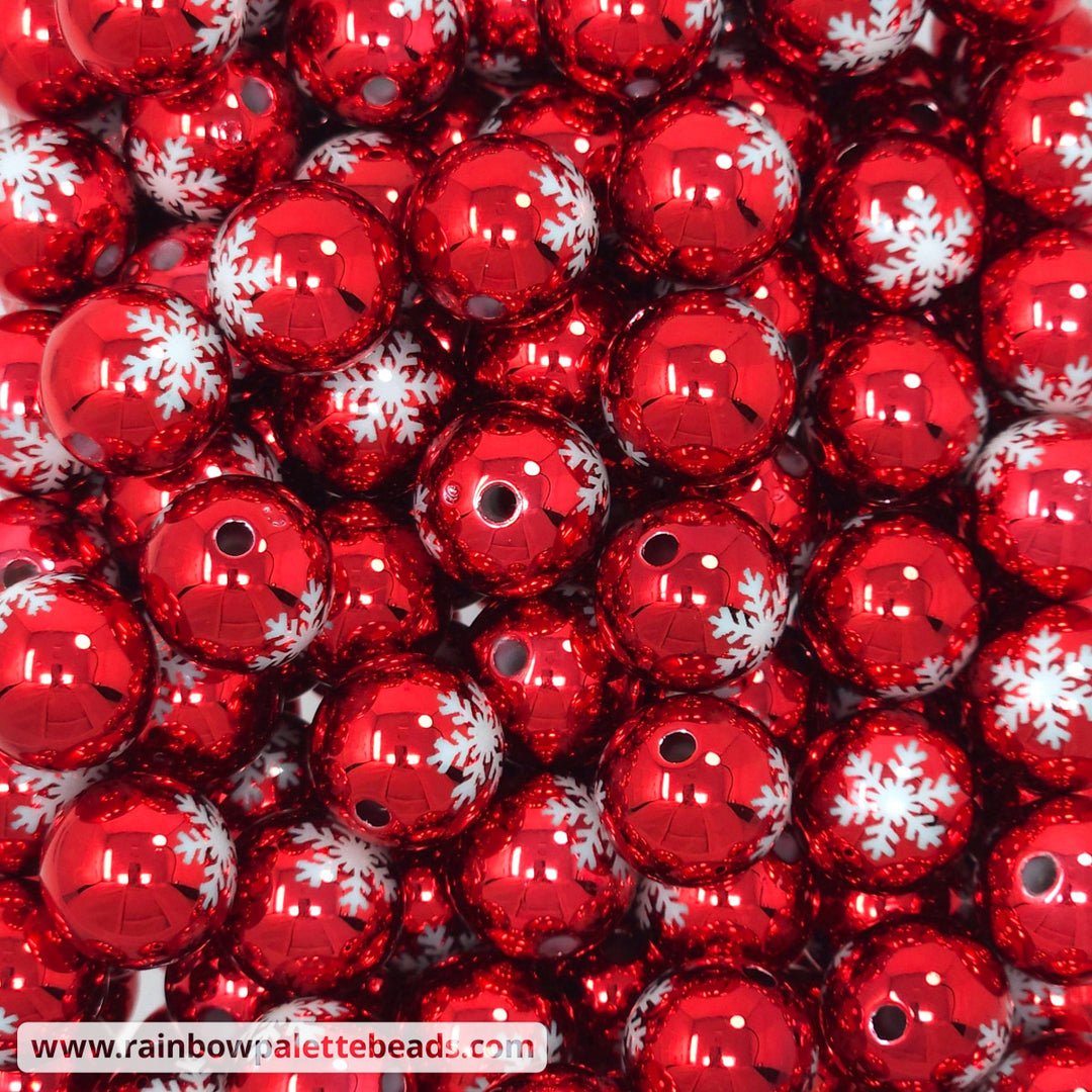 16mm UV Red Mirror Snowflake Print Christmas Bead Beads