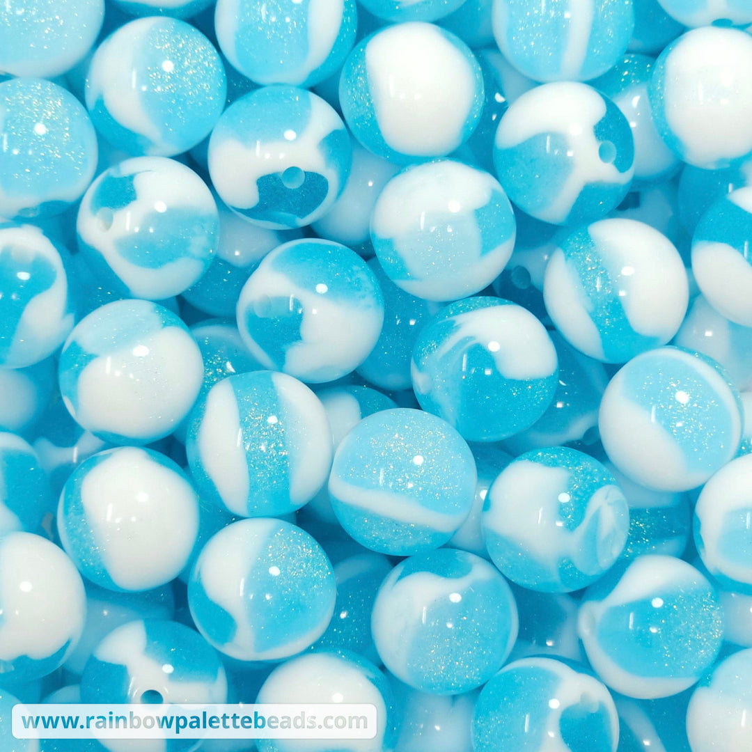 16mm White Marbled Aqua Glitter Acrylic Beads Beads