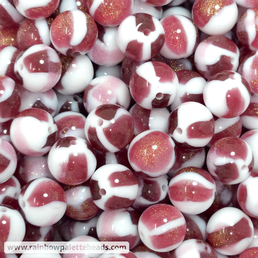 16mm White Marbled Burgundy Glitter Acrylic Beads Beads