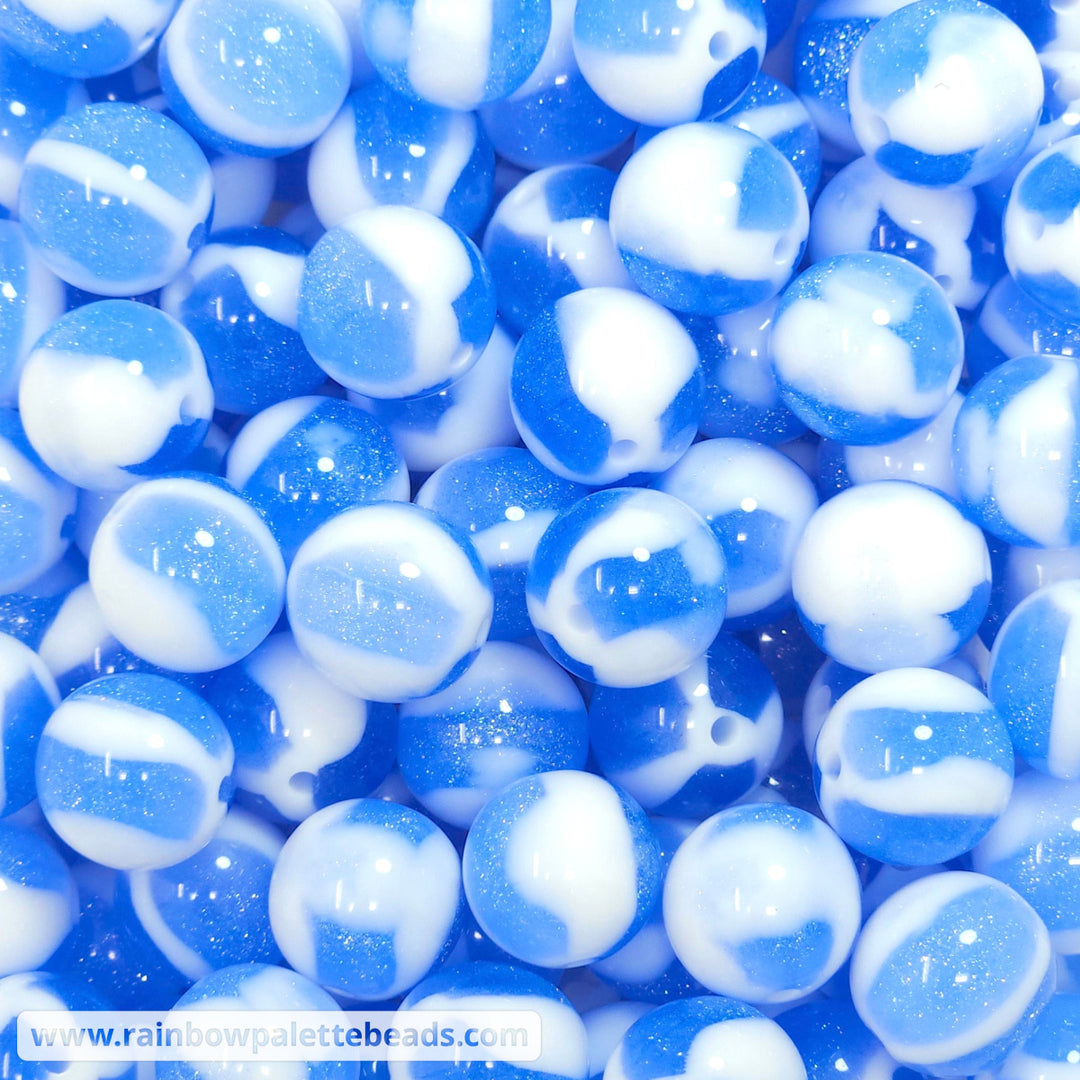 16mm White Marbled Cornflower Blue Glitter Acrylic Beads Beads