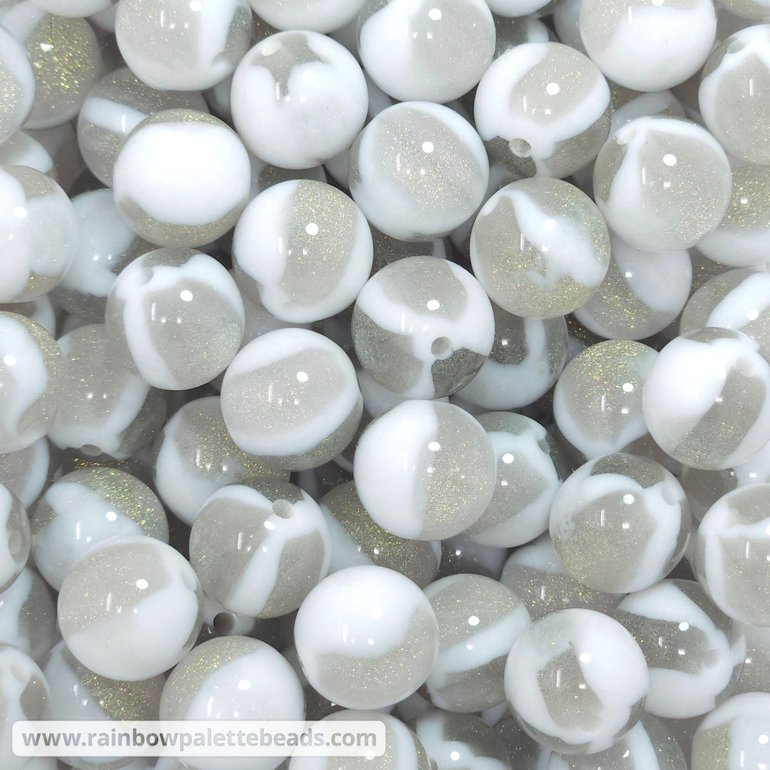 16mm White Marbled Silver Glitter Acrylic Beads Beads