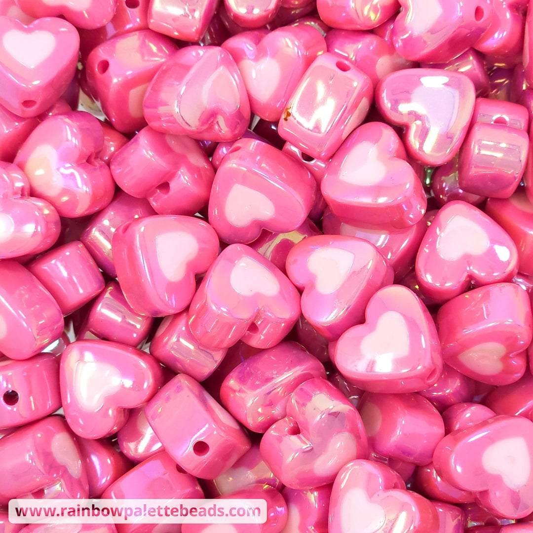 17mm Deep Pink AB Double Heart Acrylic Beads Beads