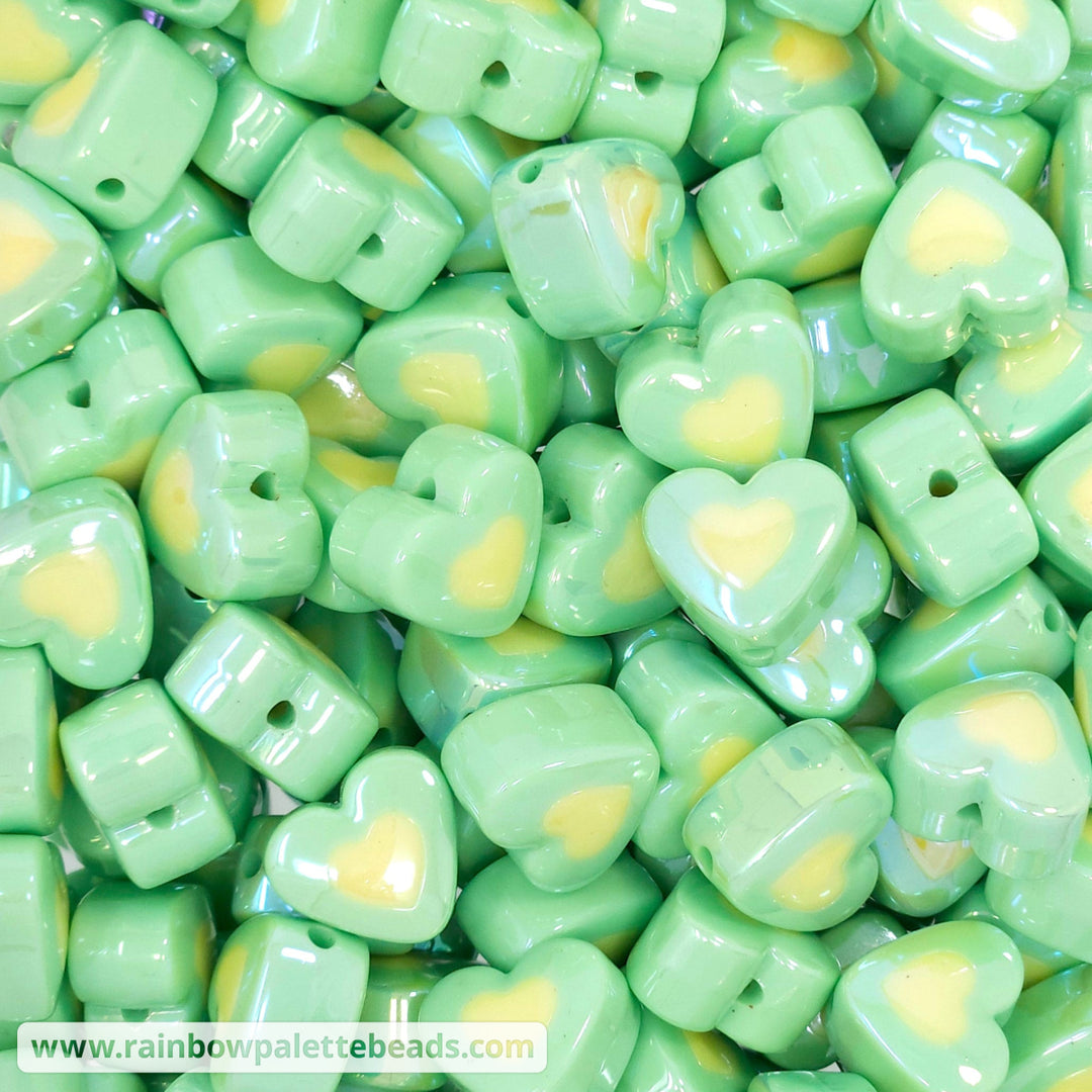 17mm AB Green/Yellow Double Heart Acrylic Beads - Beads