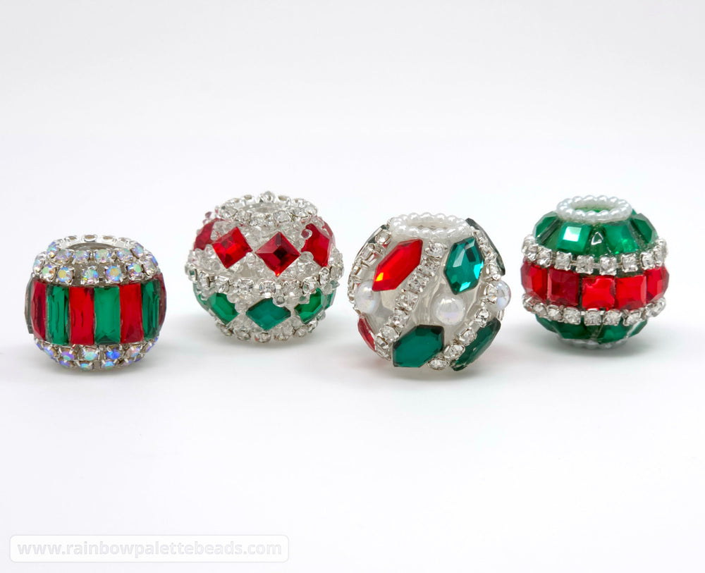 17mm Red & Green Jewel Diamond Rhinestone Rondelle Acrylic Beads (Christmas) - Beads