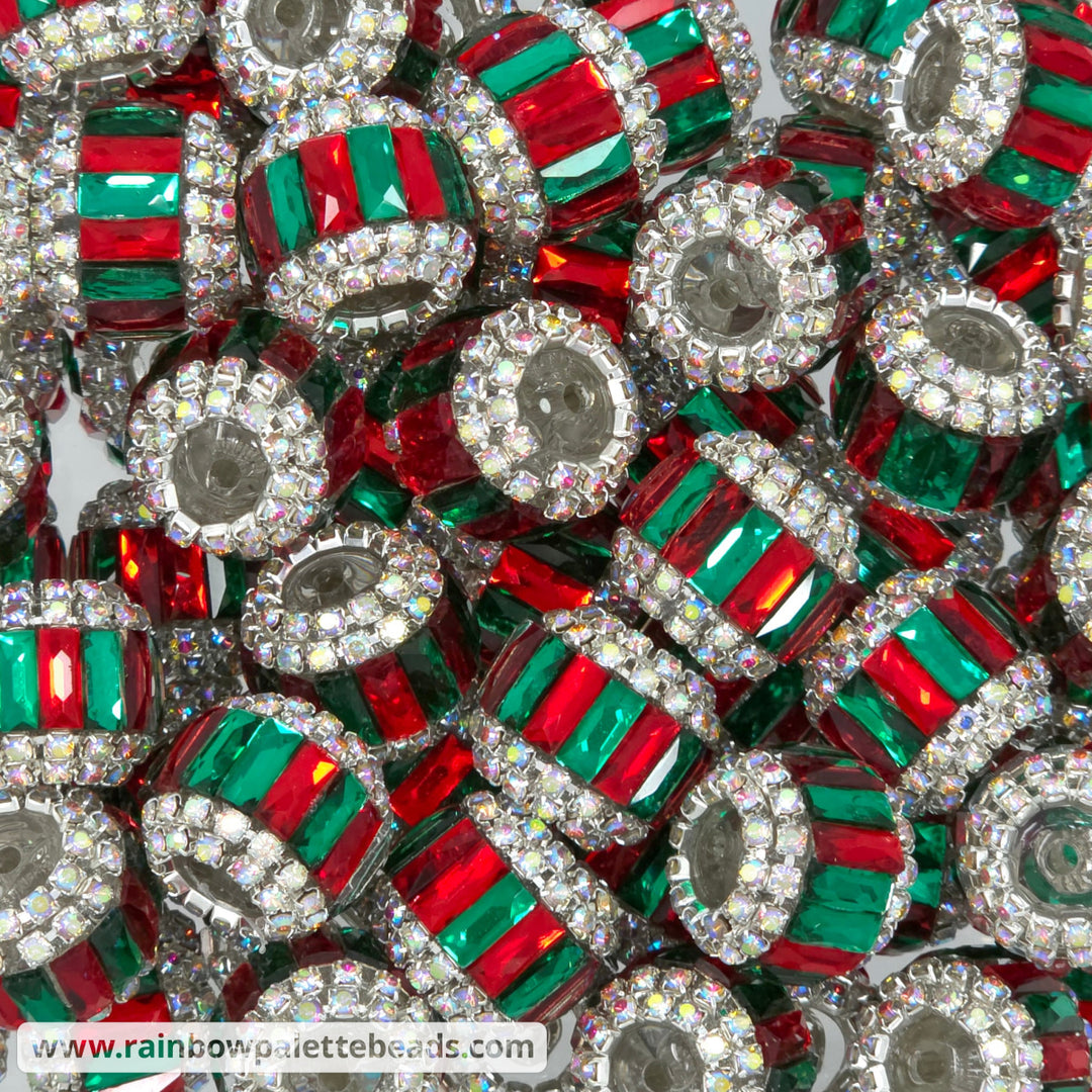 17mm Red & Green Jewel Diamond Rhinestone Rondelle Acrylic Beads (Christmas) - Beads