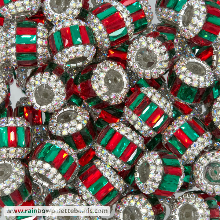 17mm Red & Green Jewel Diamond Rhinestone Rondelle Acrylic Beads (Christmas) - Beads